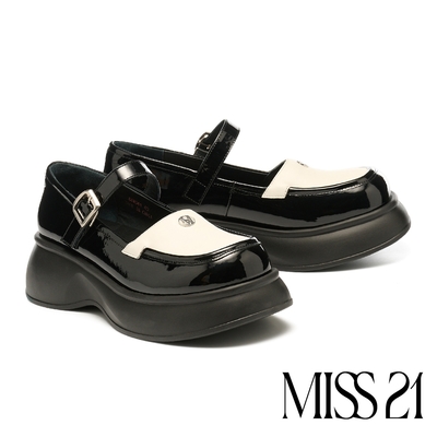厚底鞋 MISS 21 復古少女LOGO牛漆皮撞色拼接繫帶瑪莉珍大頭厚底鞋-白