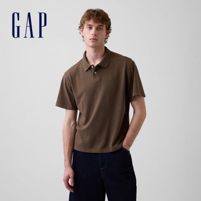 【GAP】寬鬆PK布短版Polo衫-水牛棕(867536)