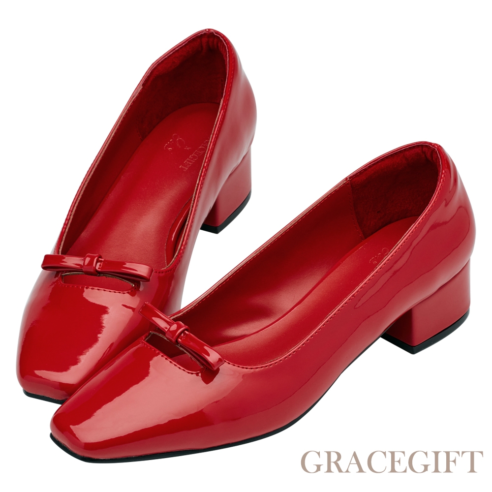 【Grace Gift】復古女孩小方頭簍空蝴蝶結瑪莉珍跟鞋 紅漆