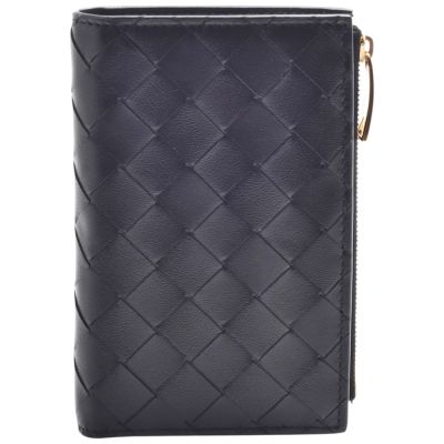 BOTTEGA VENETA 經典編織小羊皮暗釦對折短夾(黑色)