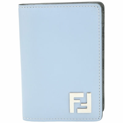 FENDI 芬迪 FF Squared 老花帆布拼小牛皮卡片夾(水藍x深灰)