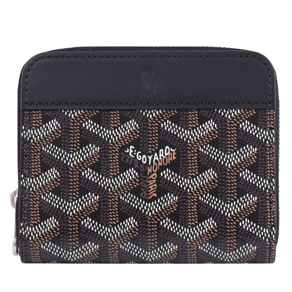 GOYARD Matignon PM 印花皮革ㄇ字拉鍊零錢包(黑/咖)