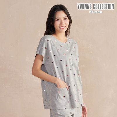 YVONNE 以旺傢飾 巴黎印花拼接短袖上衣-迷霧灰