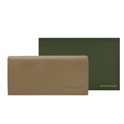 LONGCHAMP LE FOULONNÉ系列牛皮簡約翻蓋14卡壓釦長夾(地衣綠)