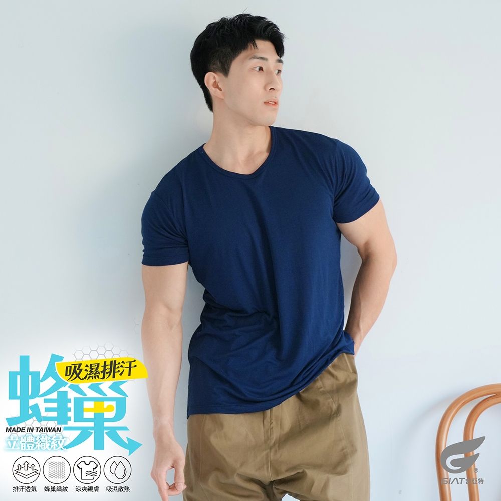 (3件組)GIAT台灣製蜂巢排汗涼爽男內衣-短袖 (深藍3件)