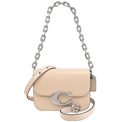 COACH IDOL 經典LOGO滑面皮革翻蓋粗鏈兩用包(米白)