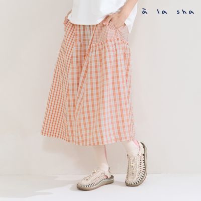 a la sha 俏皮格子拼接長裙