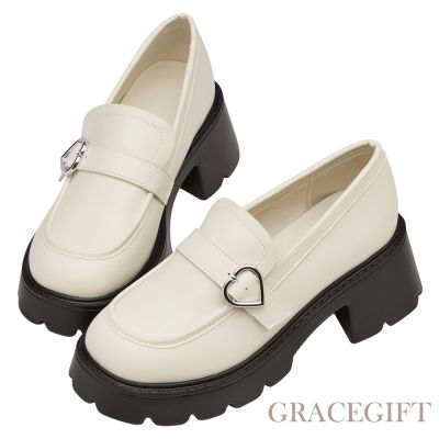 【Grace Gift】校花穿搭愛心扣輕量厚底樂福鞋 米白
