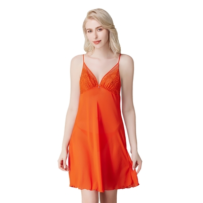 思薇爾 撩波新花漾系列連身蕾絲性感睡衣(加州橘)