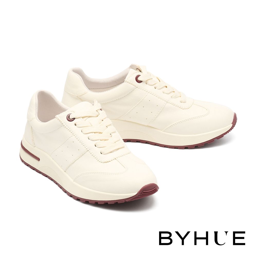 休閒鞋 BYHUE 日常百搭撞色膠條牛皮綁帶軟芯厚底休閒鞋－紅