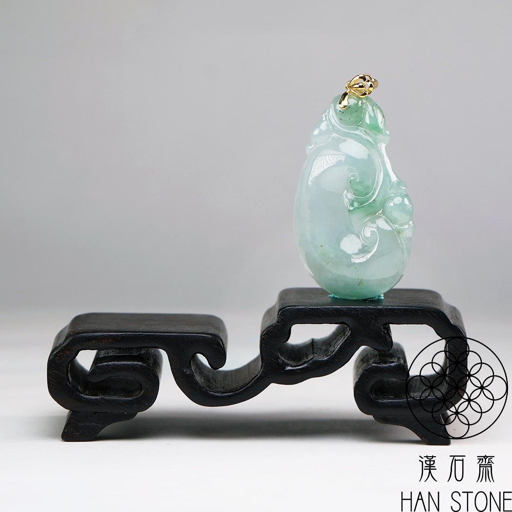 漢石齋】天然翡翠A貨如意18K金墜頭玉佩吊墜冰糯種飄花(24*37*5mm) | 漢