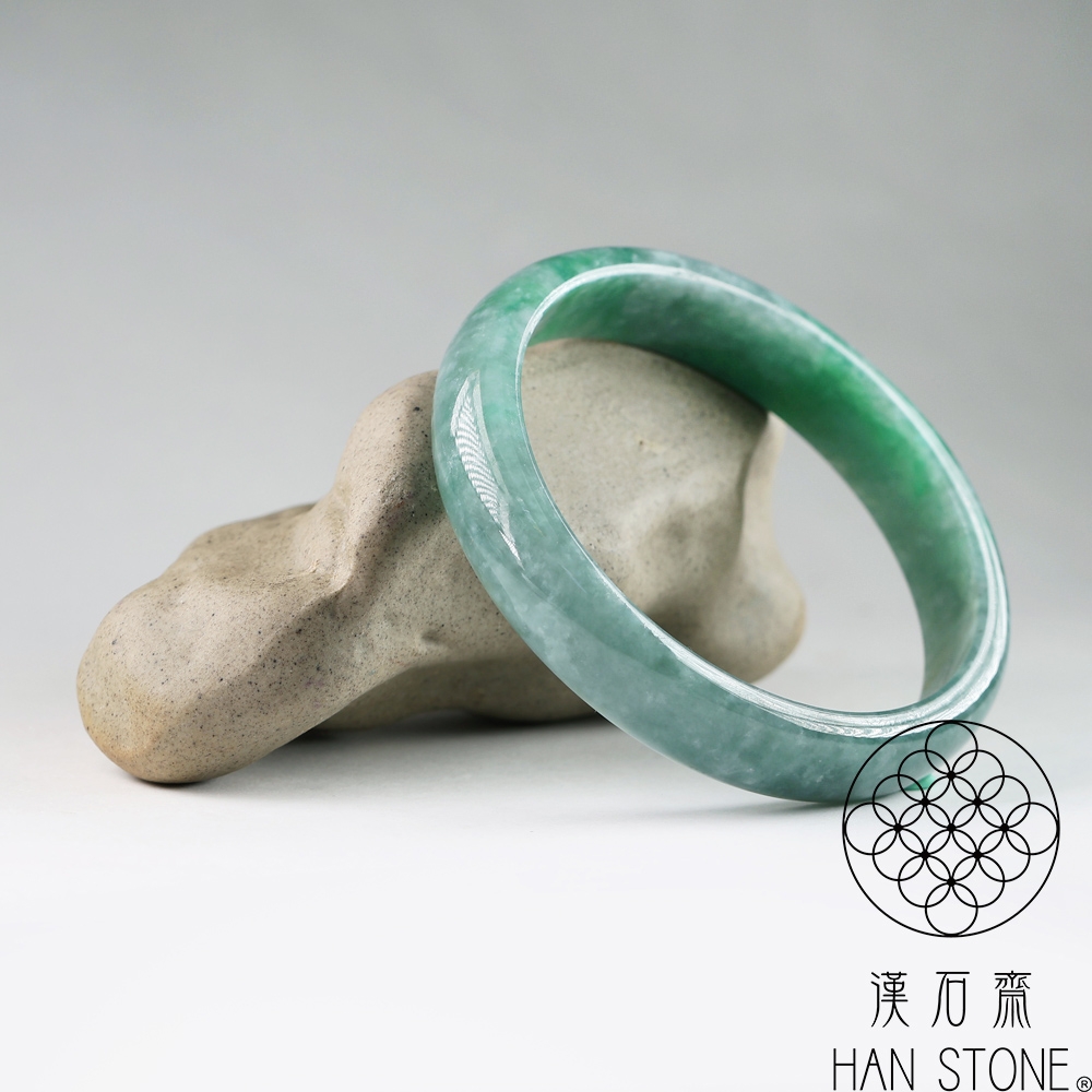 漢石齋】天然翡翠A貨手鐲玉鐲藍水飄花種帶辣綠(手圍17.2/版寬11mm