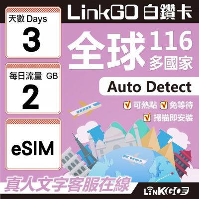 LINKGO白鑽卡 全球116國 eSIM卡 3天上網絡卡 每日2GB(全球網絡卡 亞洲 歐洲 美洲 大洋洲 非洲)