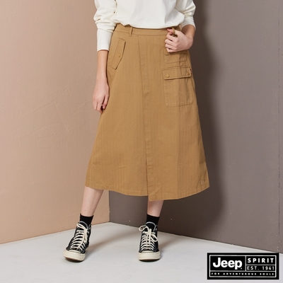 JEEP 女裝 純棉不對稱剪裁工裝長裙-卡其色