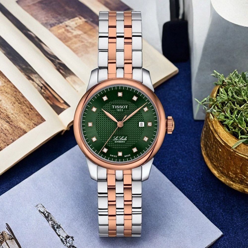 TISSOT 天梭 官方授權 T006.207.22.096.00 Le Locle 力洛克 真鑽機械女錶 七夕浪漫購 送禮首選-綠x雙色/29mm T0062072209600