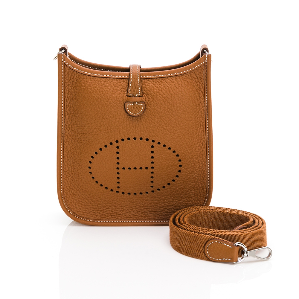 HERMES 愛馬仕Evelyne 16 Amazone H LOGO迷你牛皮布肩背包(金棕/銀扣