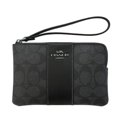 COACH C Logo PVC拼接皮革掛帶L型拉鍊萬用手拿包(黑色/炭灰)