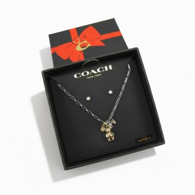 COACH送原廠禮盒-泰迪熊與蝴蝶結耳環、項鍊組(泰迪熊)