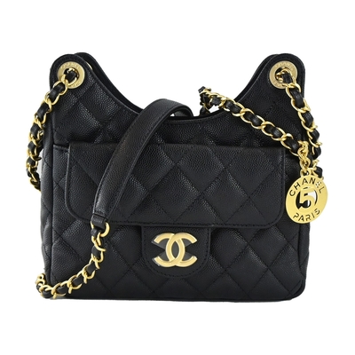 CHANEL香奈兒 CHANEL Hobo Bag 經典雙C LOGO菱格紋小牛皮流浪包(黑色)