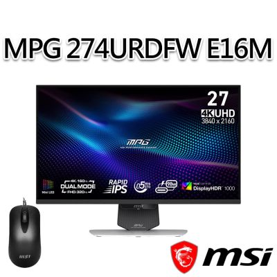 【滑鼠組】msi微星 MPG 274URDFW E16M 27吋 白色 平面電競螢幕 (27 /3840x2160/16:9/160Hz/IPS/白色)