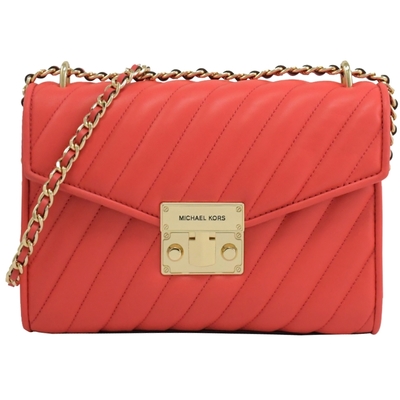 MICHAEL KORS Rose 斜紋車線翻蓋斜背鍊包(珊瑚紅-全新福利品)