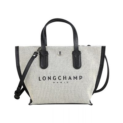 LONGCHAMP 帆布拼接牛皮ESSENTIAL系列印花LOGO兩用壓釦手提/斜背包(XS/亞麻x黑)