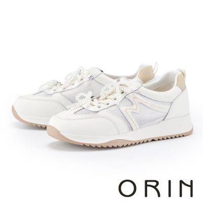 ORIN 牛皮網面免綁帶厚底休閒鞋 白+杏