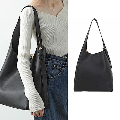 TORY BURCH Romy Hobo 鈕扣金屬標誌鵝卵石紋牛皮手提 肩背流浪包(黑色)