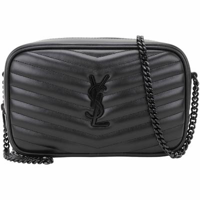 YSL Saint Laurent LOU 迷你款 啞光黑金字牛皮鍊帶斜背相機包(黑色)
