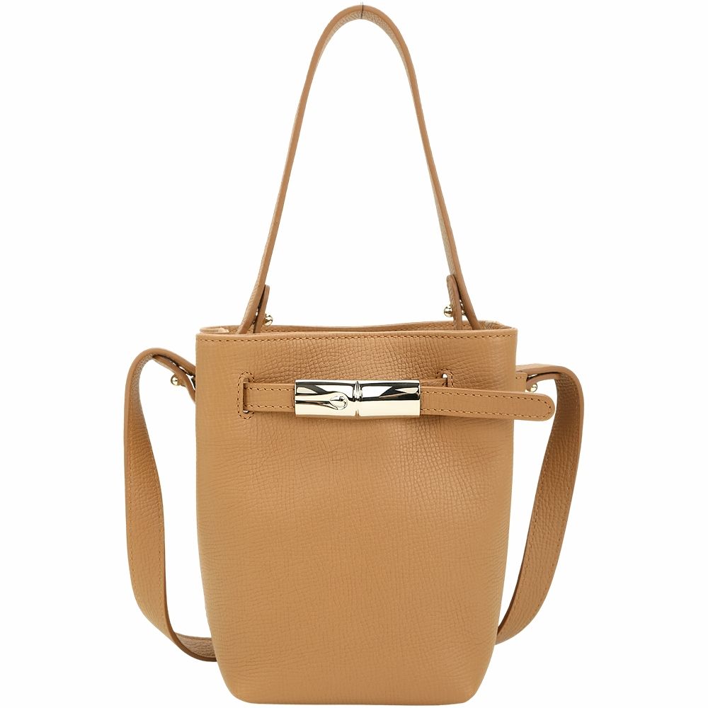 LONGCHAMP Le Smart XS 竹節扣帶荔紋小牛皮手提 肩斜背水桶包(淡紅褐色)