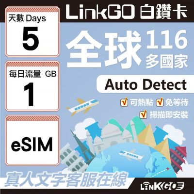 LINKGO白鑽卡 全球116國 eSIM卡 5天上網絡卡 每日1GB(全球網絡卡 亞洲 歐洲 美洲 大洋洲 非洲)