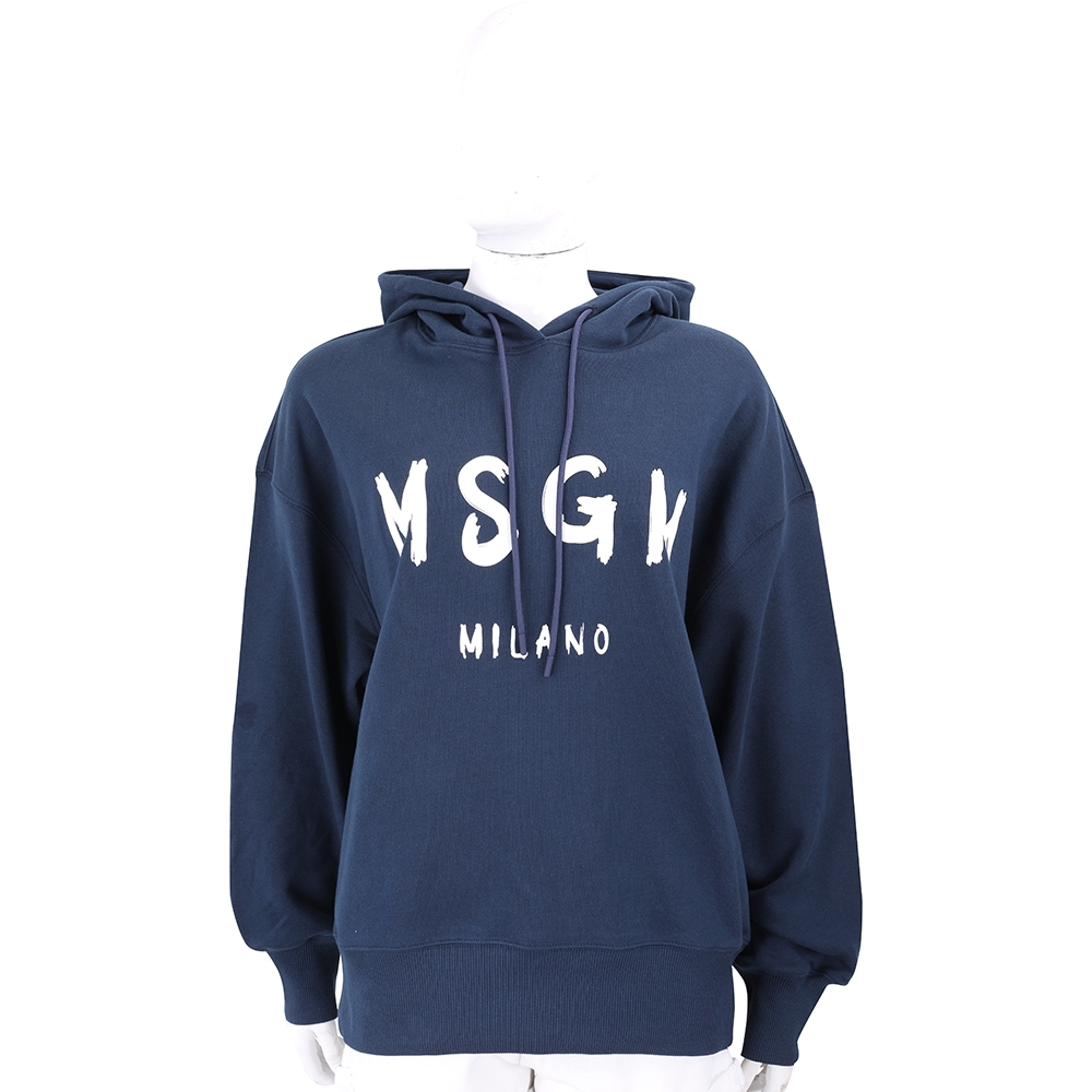 MSGM 塗鴉字母毛圈襯裡深藍連帽棉質長袖運動衫 大學T(女款)