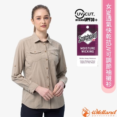 荒野 WildLand 女 3M透氣快乾抗UV可調節袖襯衫.抗紫外線.透氣快乾 白卡其