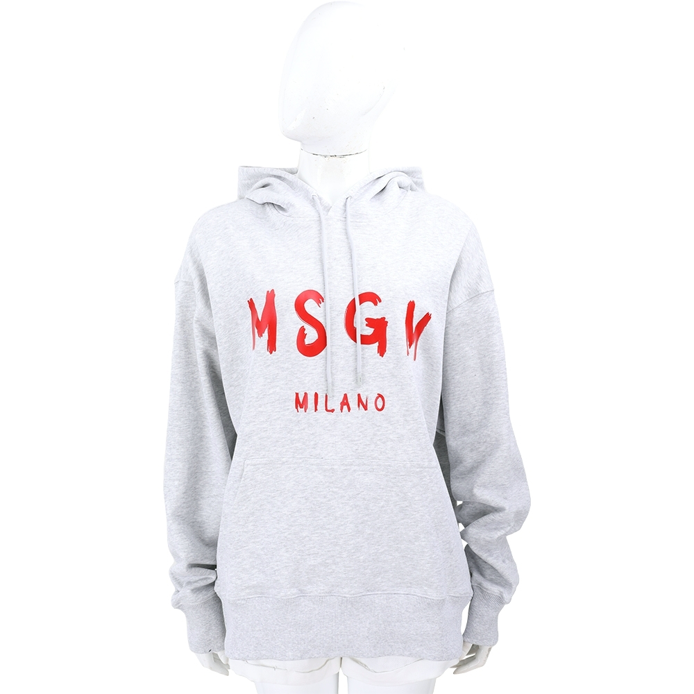 MSGM 紅字母羅紋拼灰色棉質連帽長袖運動衫 大學T(男女可穿)