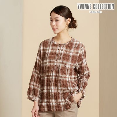 YVONNE 以旺傢飾 天絲棉格紋九分袖上衣-可可棕
