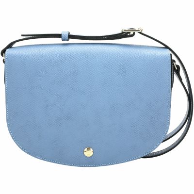LONGCHAMP EPURE 荔紋小牛皮斜背馬鞍包(M/灰藍)