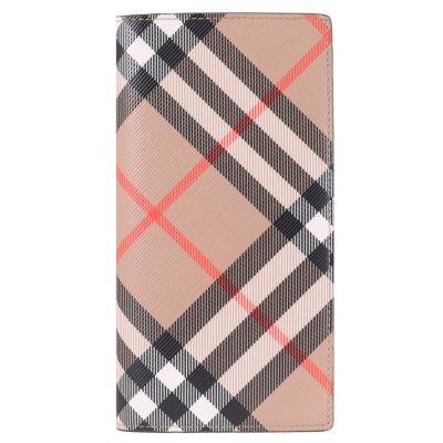 BURBERRY 經典格紋塗層皮革對開式多卡長夾(卡其)