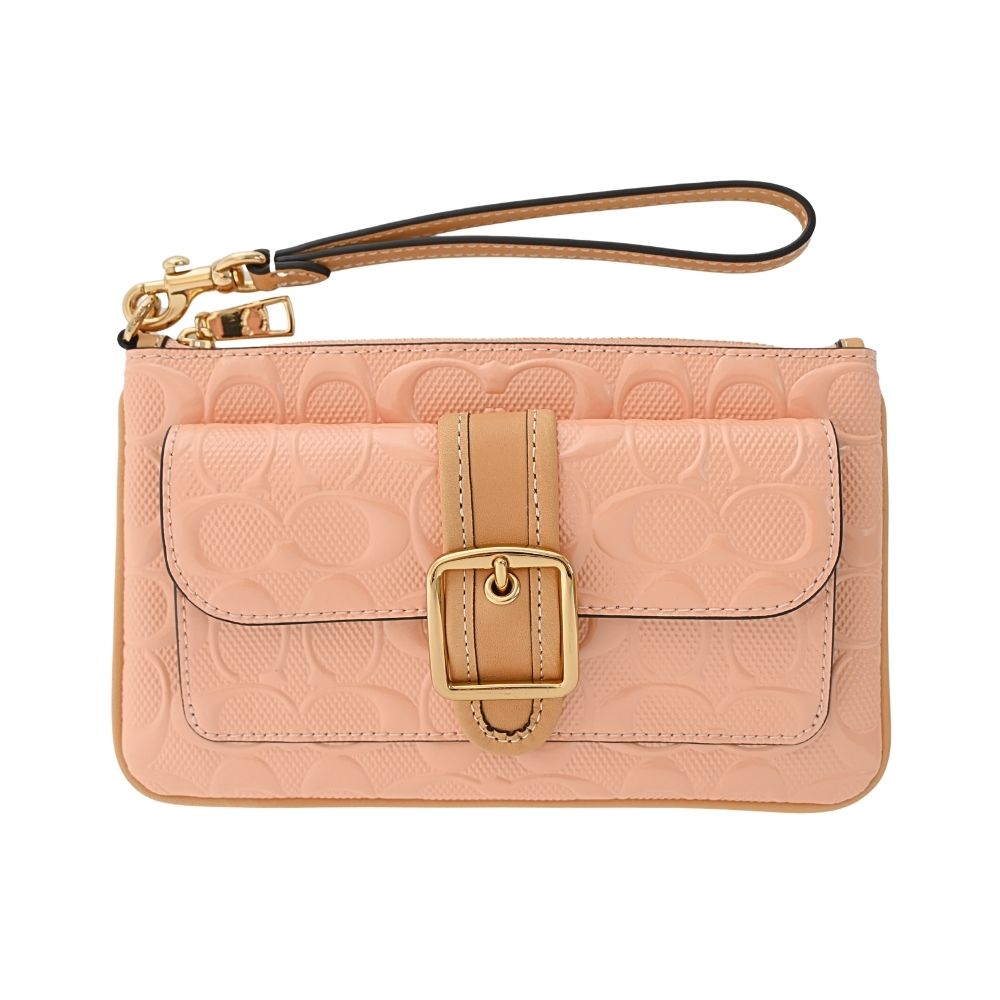 COACH  Ashton 蜜桃橘漆皮浮雕C LOGO拉鍊萬用手拿包