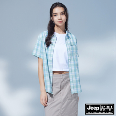 JEEP 女裝 清新藍調格紋短袖襯衫-藍色