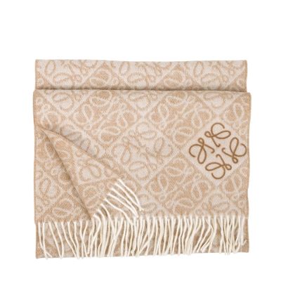 LOEWE Anagram羊毛喀什米爾混紡LOGO植絨圍巾(米白/淺褐)