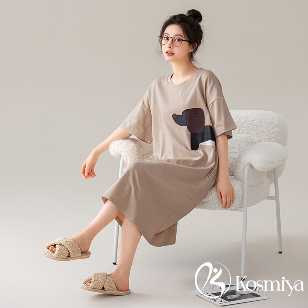 【Kosmiya】1件 純棉印花短袖睡裙/女睡衣/睡衣/居家服/連身洋裝/洋裝(6色可選/均碼/加大碼) (咖色小狗(647))