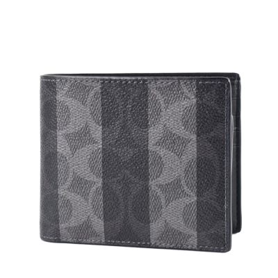 COACH 男款 灰黑相間緹花LOGO防刮皮革八卡短夾-灰/黑/附證件夾