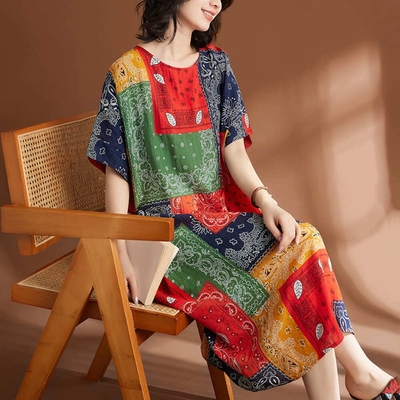 AKARA 涼感 棉麻 大碼 清質感棉麻拼布彩洋裝 3XL可(涼感 棉麻 中大尺碼)