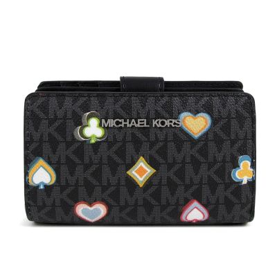 MICHAEL KORS Jet Set Travel 銀字Logo防刮印花對開式中夾(黑色)