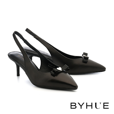 高跟鞋 BYHUE 韓系氣質兩穿愛心蝴蝶夾釦羊皮後繫帶軟芯尖頭高跟鞋－黑