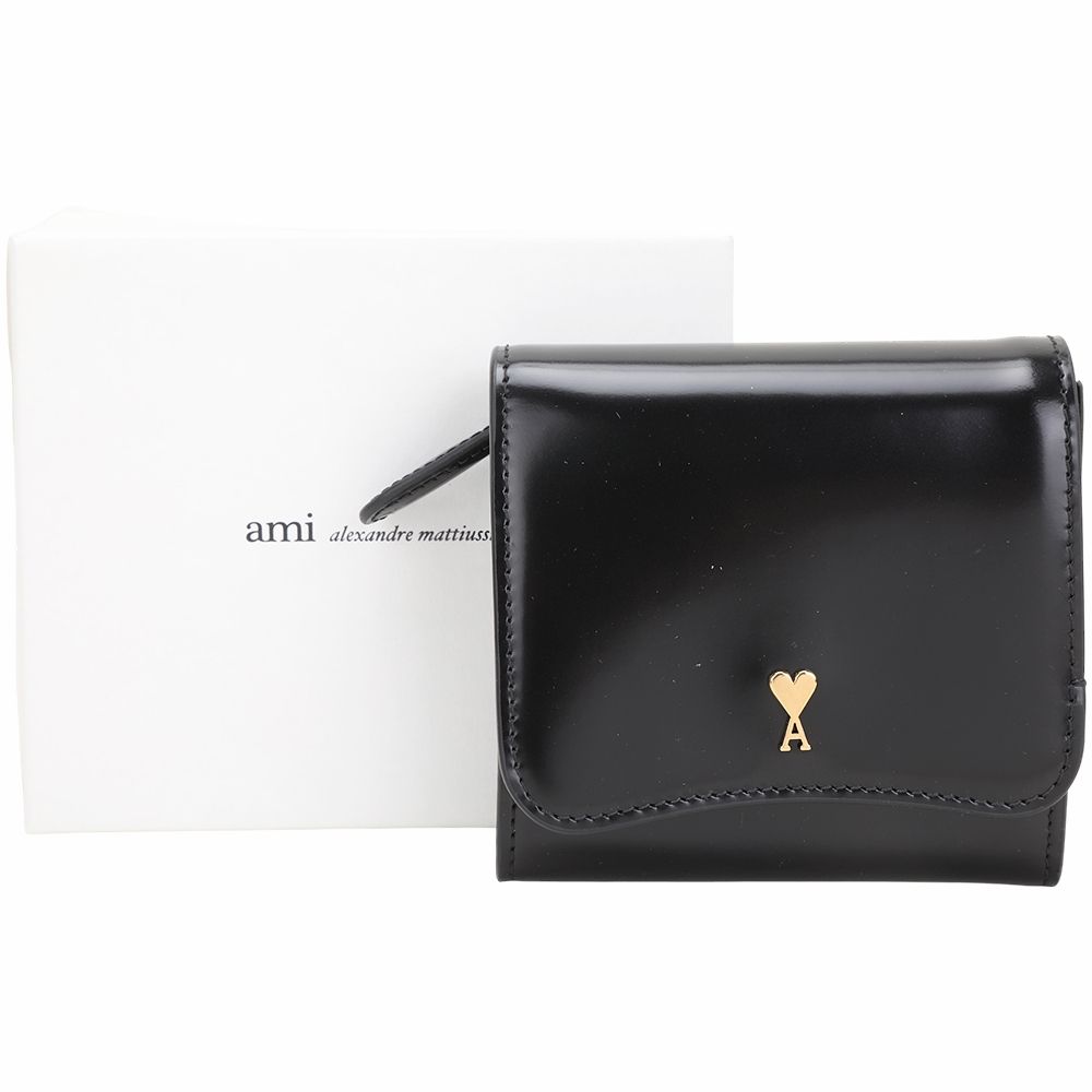 AMI PARIS Paris Paris 愛心A光滑牛皮翻蓋釦式短夾(黑色)