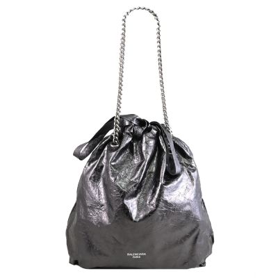 BALENCIAGA巴黎世家 BALENCIAGA CRUSH TOTE 品牌燙印LOGO揉製牛皮中款托特/鍊包(灰銀)