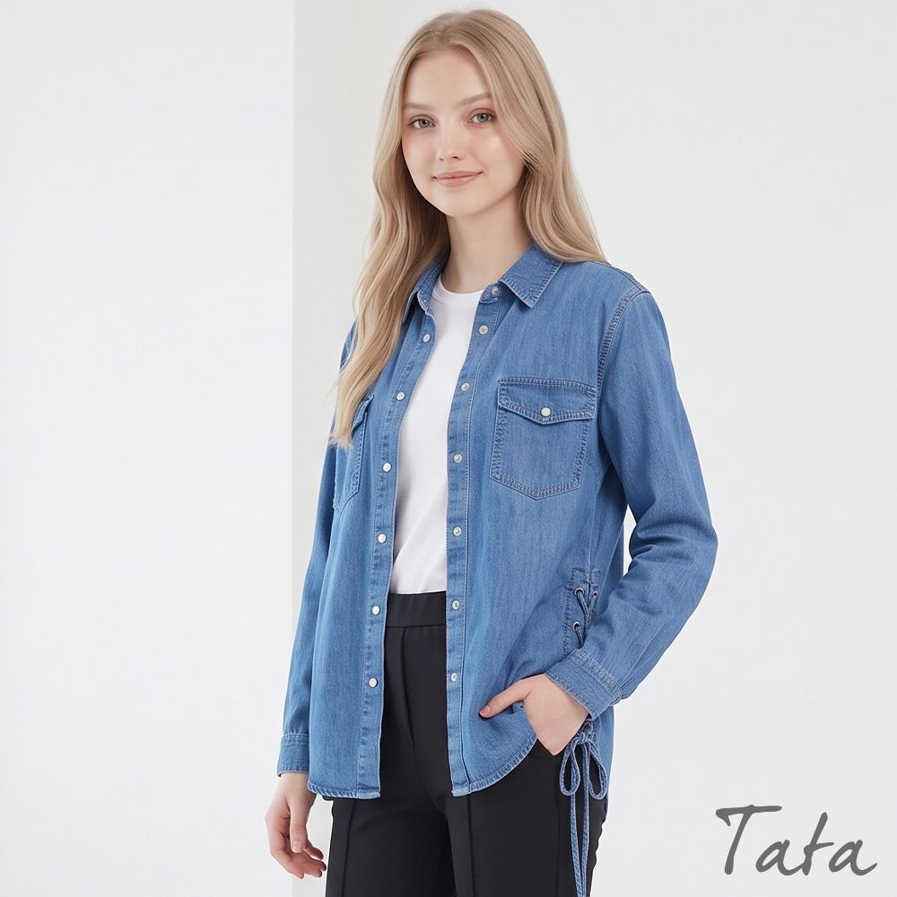 TATA  造型側綁帶牛仔長袖外套-S~XL (淺藍)