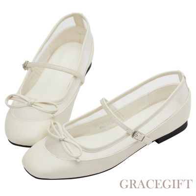 【Grace Gift】復古芭比網紗拼接芭蕾平底瑪莉珍鞋 米白