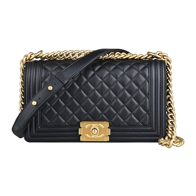 CHANEL香奈兒 CHANEL BOY雙C LOGO菱格紋小羊皮仿舊設計扣式鏈帶斜背包(黑)